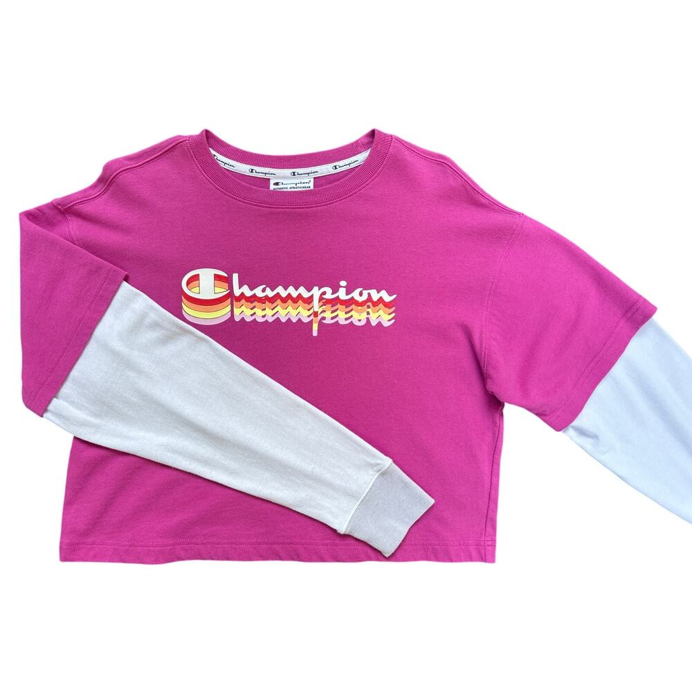 Champion Pink Layered Logo Cropped Long Sleeve Tee Women's Medium